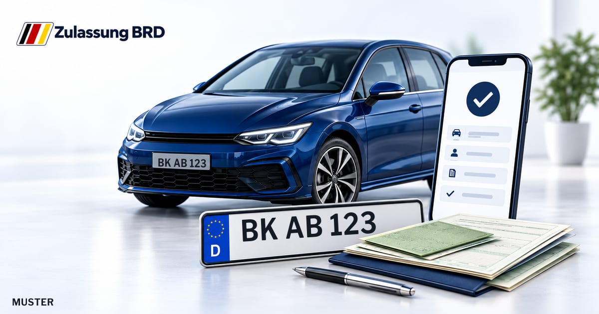Online Fahrzeugzulassung in Weinstadt: Musterkennzeichen BK AB 123, Auto und Fahrzeugpapiere und Smartphone. Illustration mit Logo von Zulassung BRD.